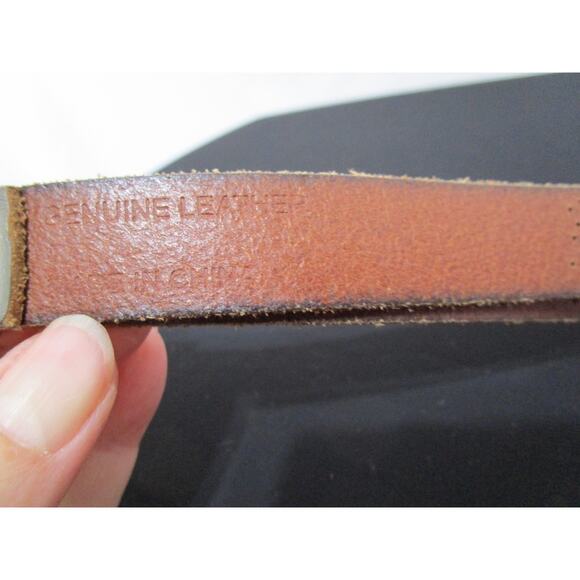 J Crew Beige Tan Perforated Leather Brass Buckle Belt Women Sz L, 34"-38" - Picture 8 of 9